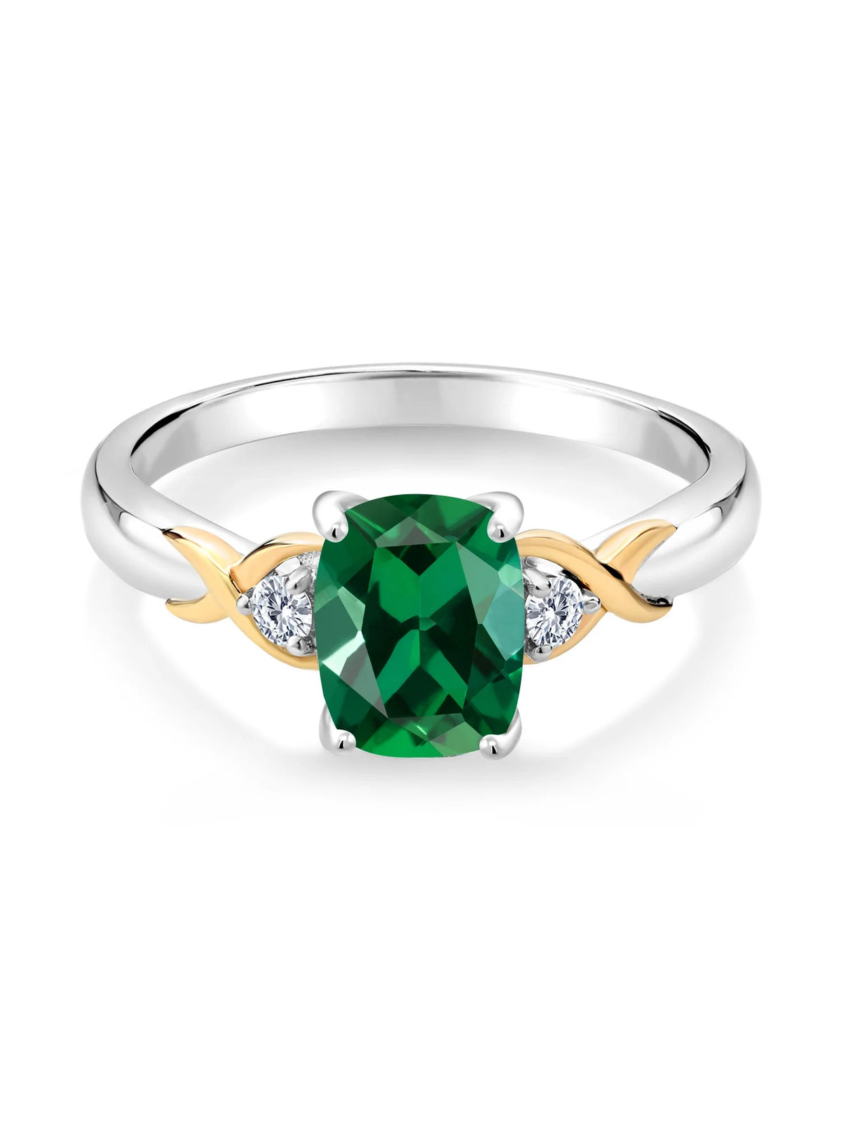2 Tone 10K Yellow Gold and 925 Sterling Silver Green Created Emerald and White Lab Grown Diamond Engagement Ring X4297