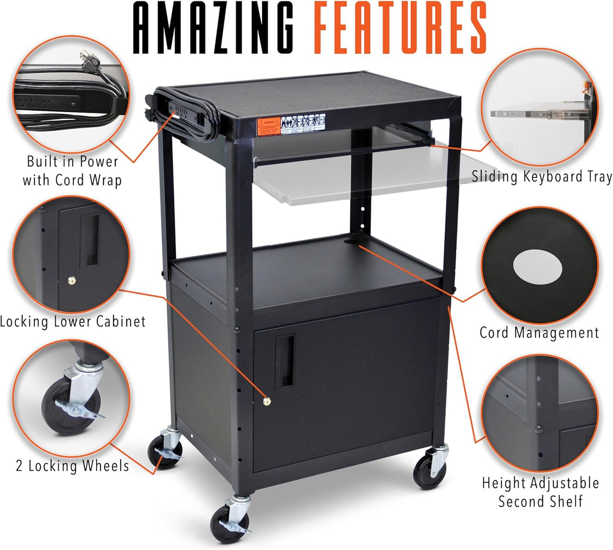 Black Extra Wide AV Cart with Locking Cabinet N286