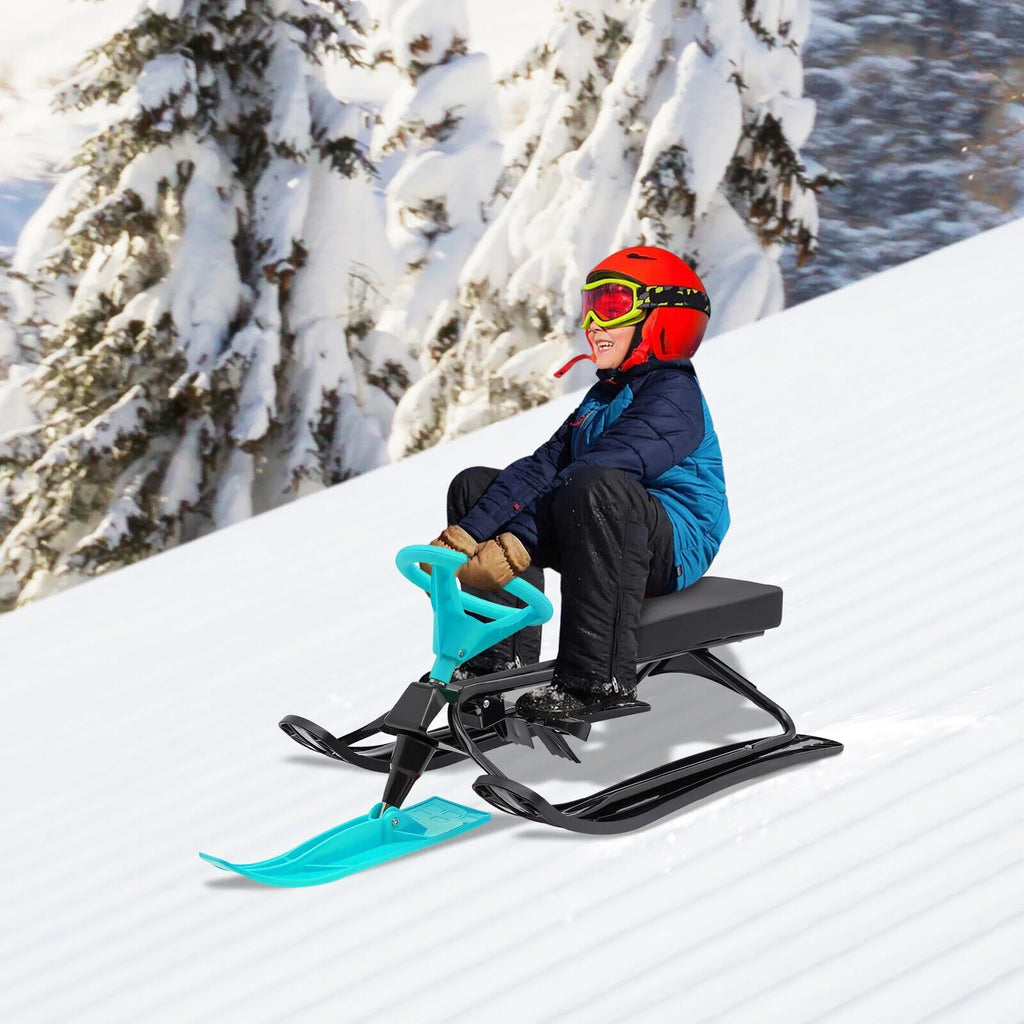 Green Kids Snow Racer Sled Twin Brakes Ski Slider Board 44.88*19.69*15in T775716