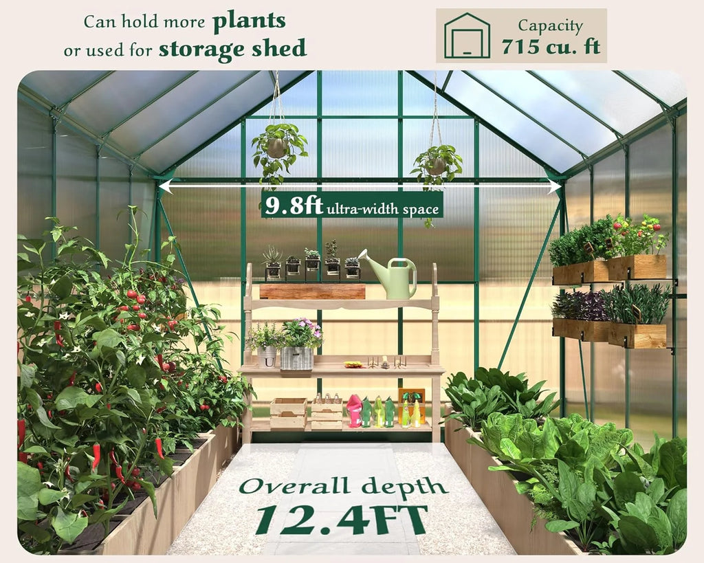 12x10x10 ft Polycarbonate Greenhouse with 2 Sliding Doors 4 Vents L821512