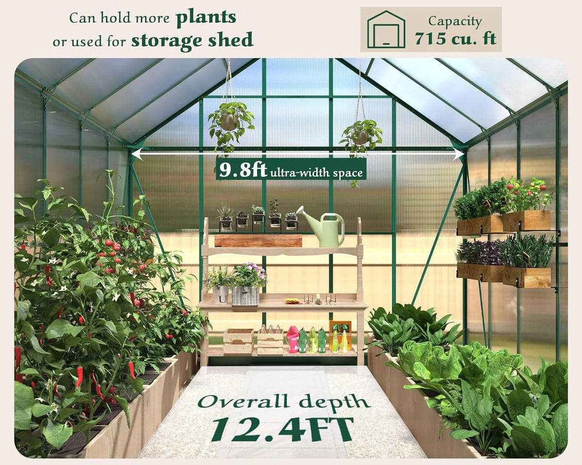 12x10x10 ft Polycarbonate Greenhouse with 2 Sliding Doors 4 Vents L821512