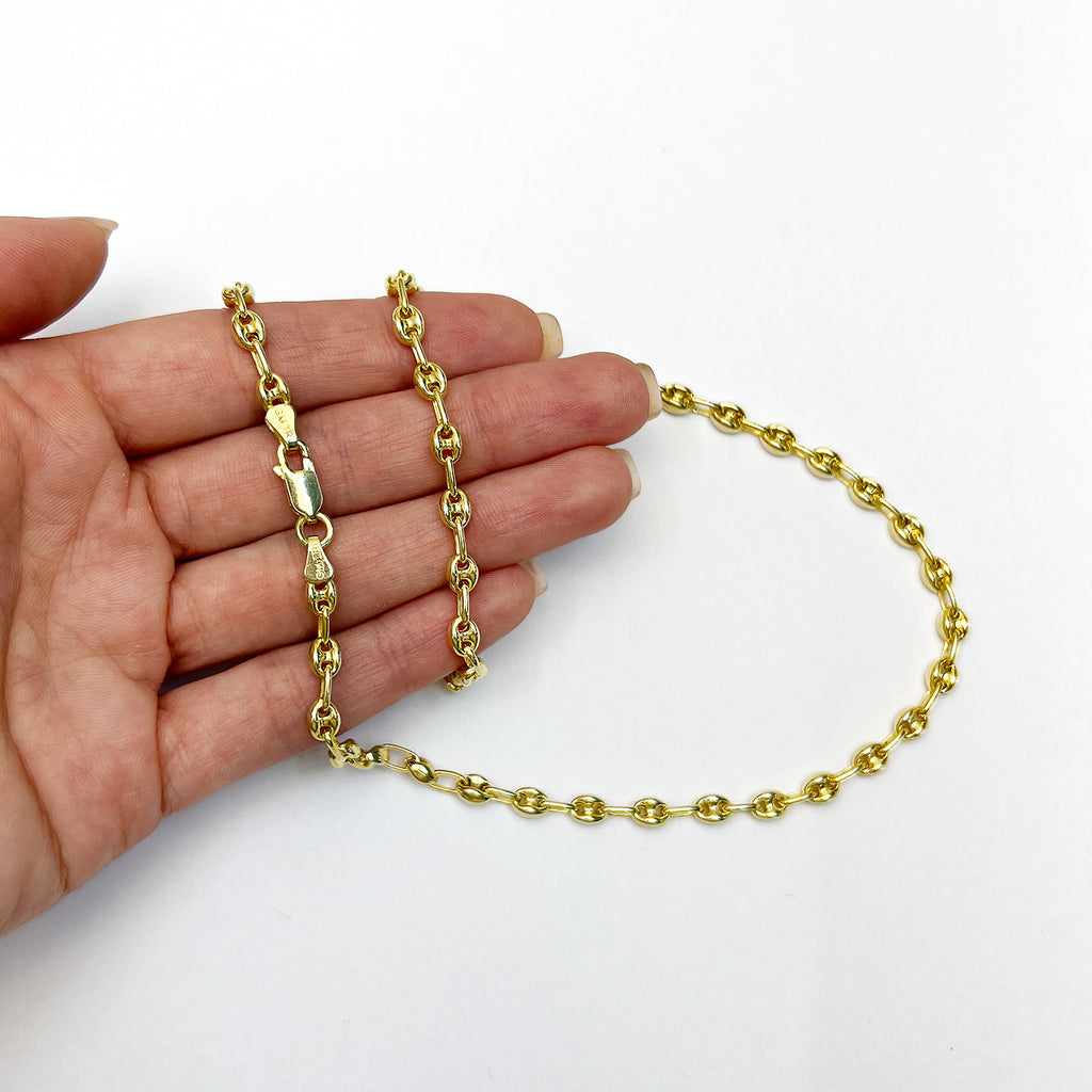 18K Yellow Gold Over Silver 4.5mm Puffed Anchor Mariner Chain Necklace 16"-24" W338767