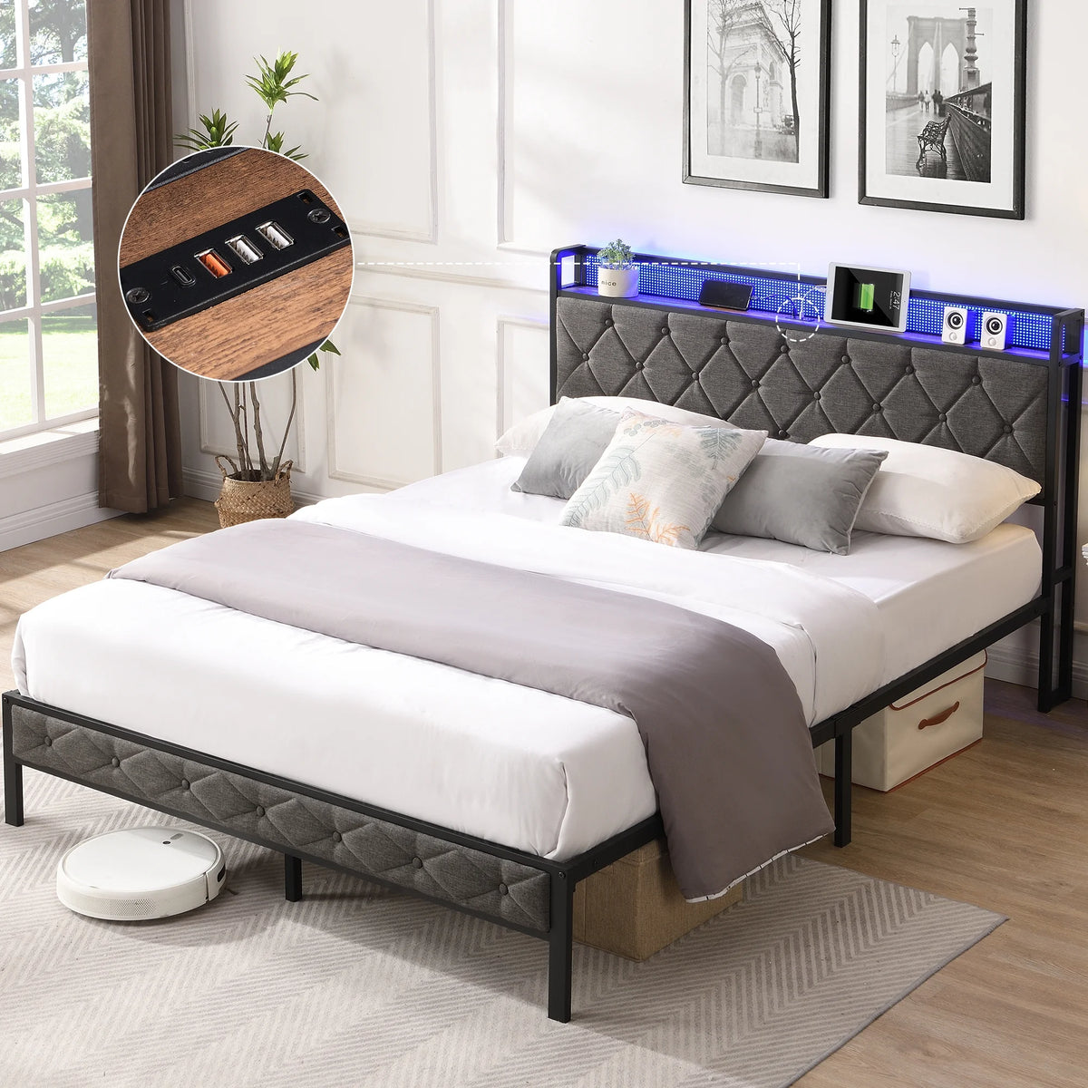 Full Size Upholstered Platform Bed with Storage Headboard E357548