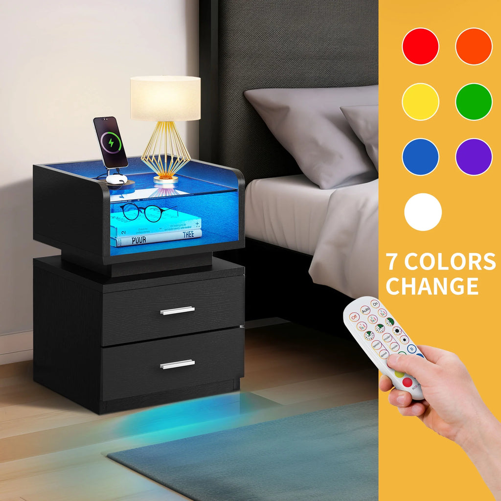 Black LED Nightstand with Charging Station B8570