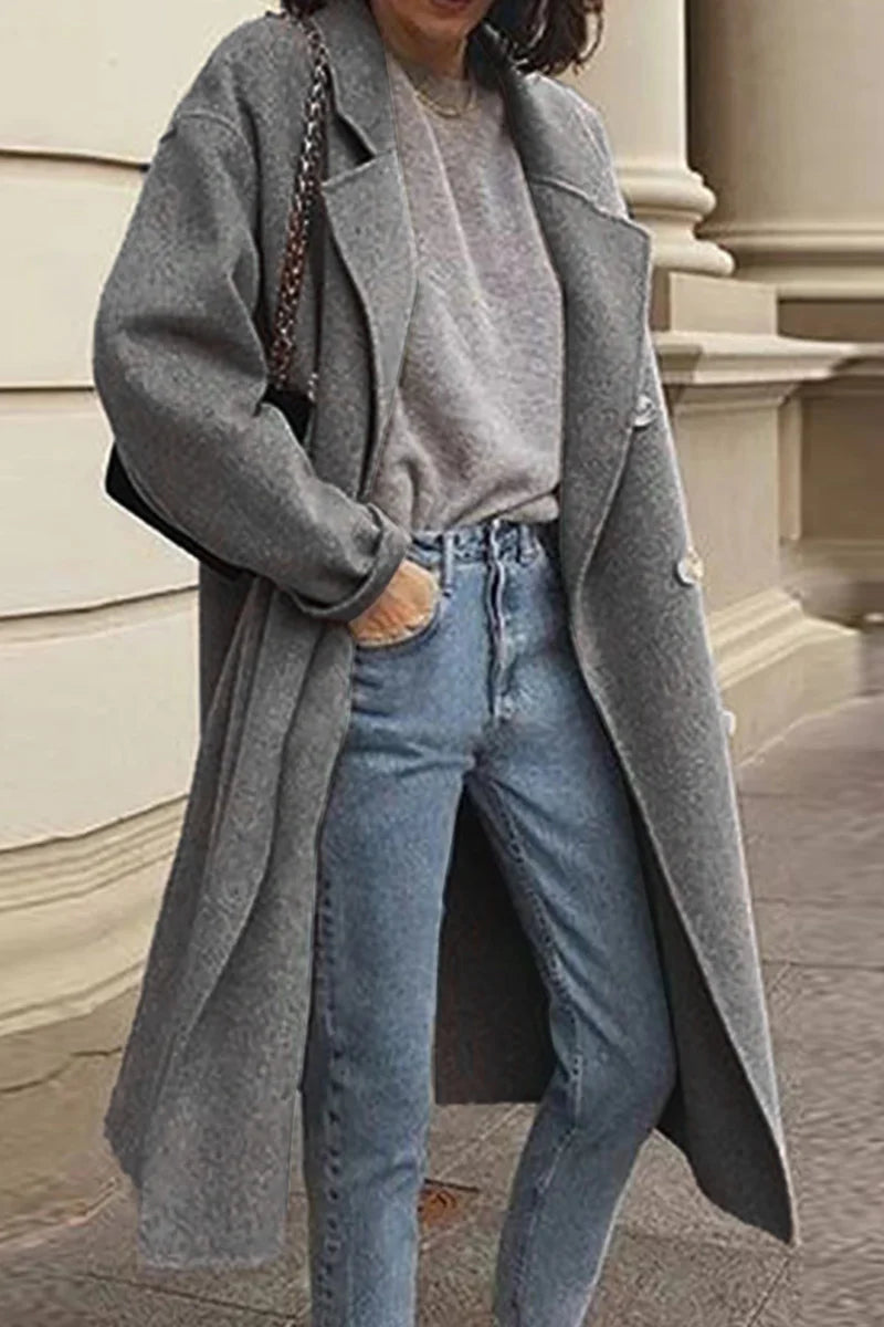 Solid Buckle Turndown Collar Outerwear O889069