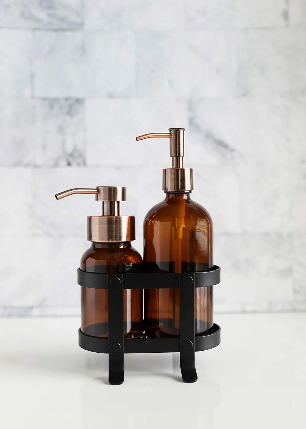 Amber Glass Soap Dispenser Set With Caddy Stand V9924