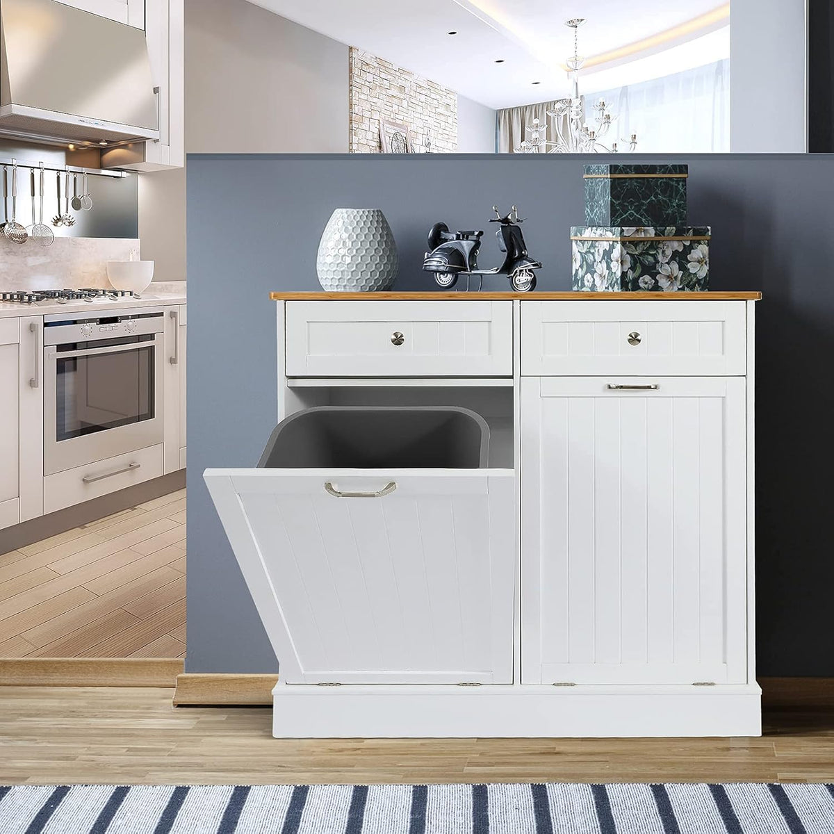White Double Kitchen Trash Cabinet with Hideaway Drawers G486