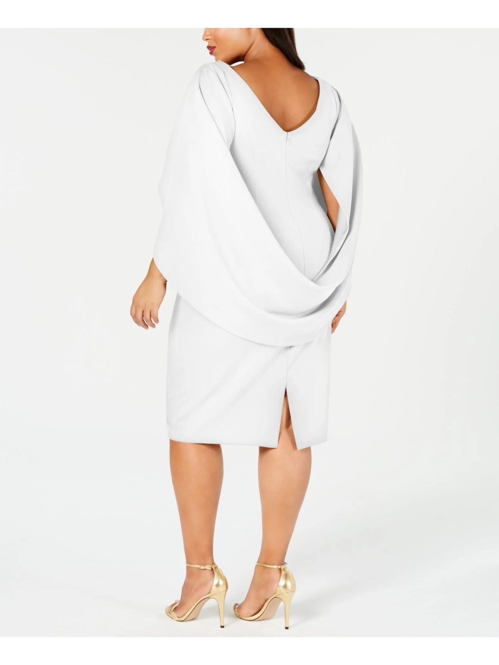 White Zippered Ruched Cape Sleeves V-back Round Neck Above The Knee Party Sheath Dress Plus 14W N680