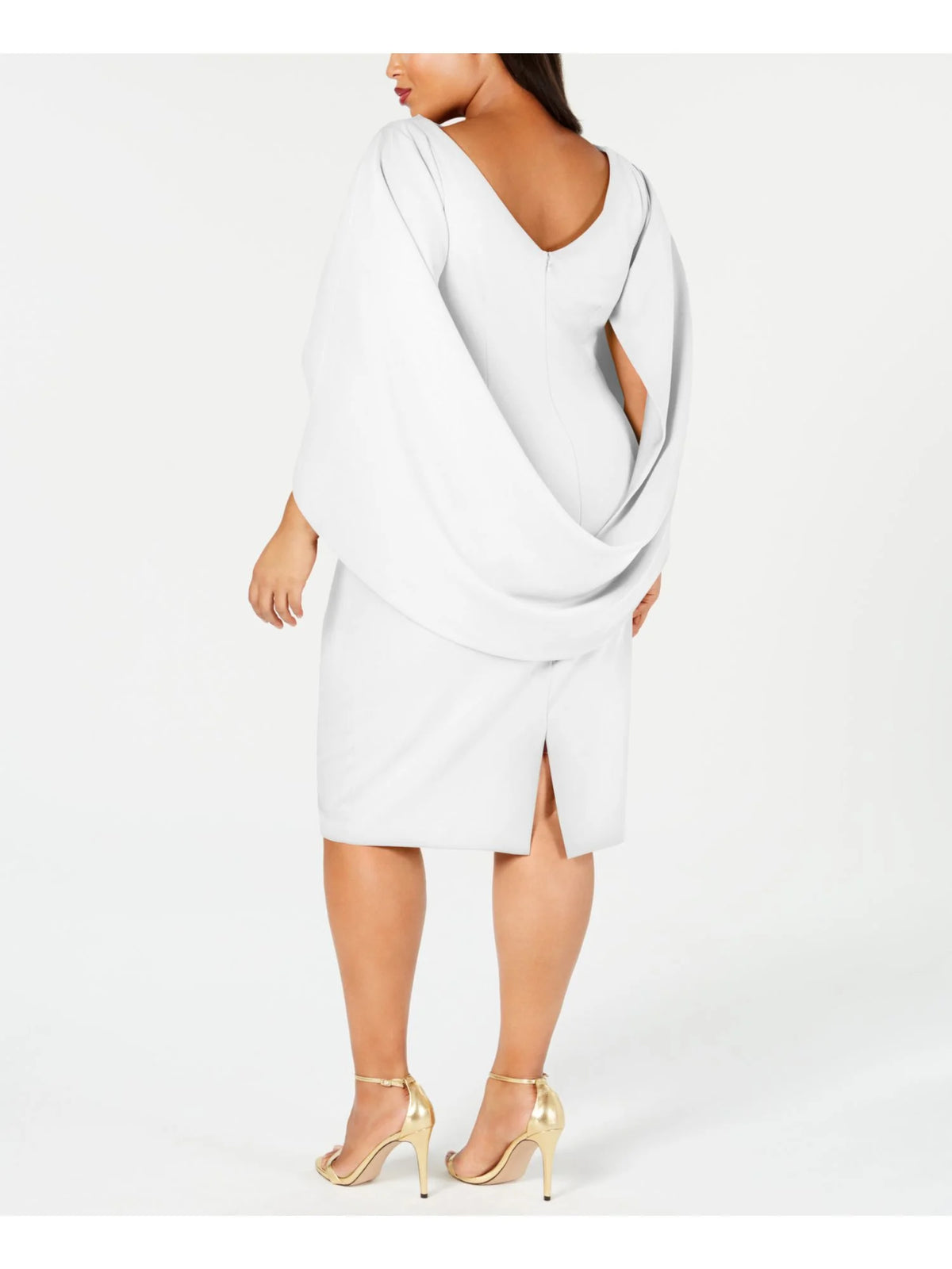 White Zippered Ruched Cape Sleeves V-back Round Neck Above The Knee Party Sheath Dress Plus 14W N680