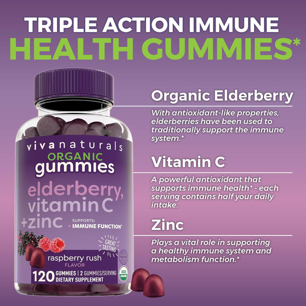 Organic Sambucus Elderberry Gummies with Zinc and Vitamin C (120 Count) M5018