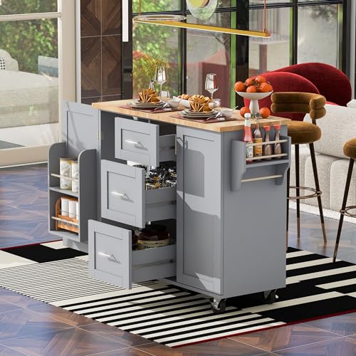 Black Kitchen Cart with Wood Drop-Leaf Countertop, 2 Drawers, Adjustable Shelf P1827