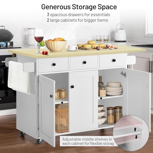 White Mobile Kitchen Island Cart with Drop Leaf W14895