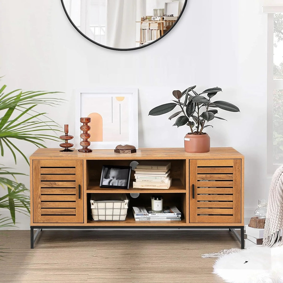 Mid-Century TV Console up to 55 Inch with Slatted Wood Doors N9401
