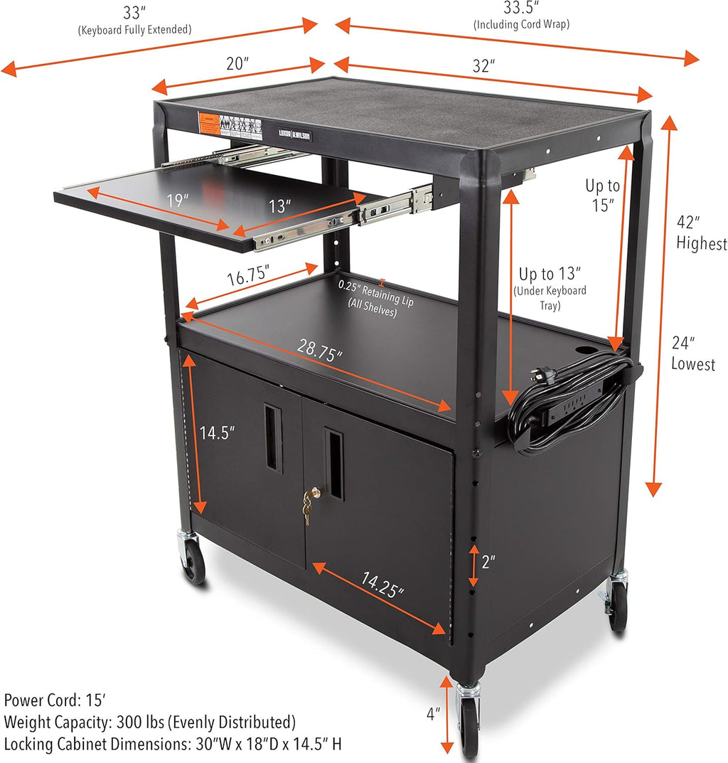 Black Extra Wide AV Cart with Locking Cabinet N286