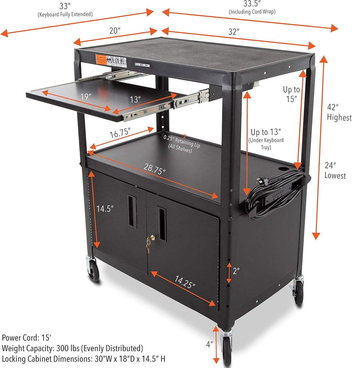Black Extra Wide AV Cart with Locking Cabinet N286