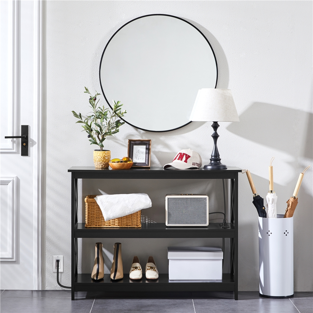 Black 3-Tier Wooden Console Table with Power Outlet F957