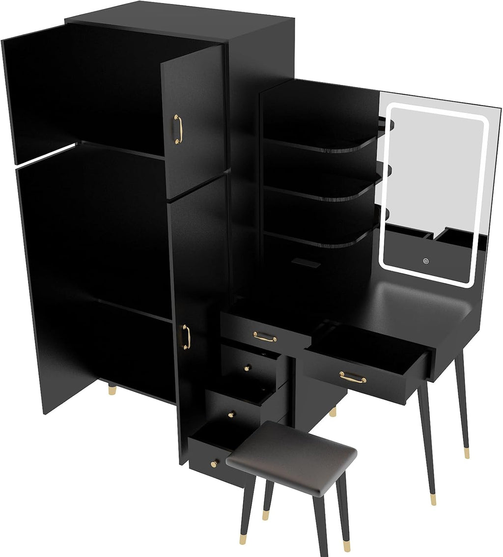 Black Makeup Vanity Table and Armoire Wardrobe Set with LED Mirror and 5 Drawers R2875