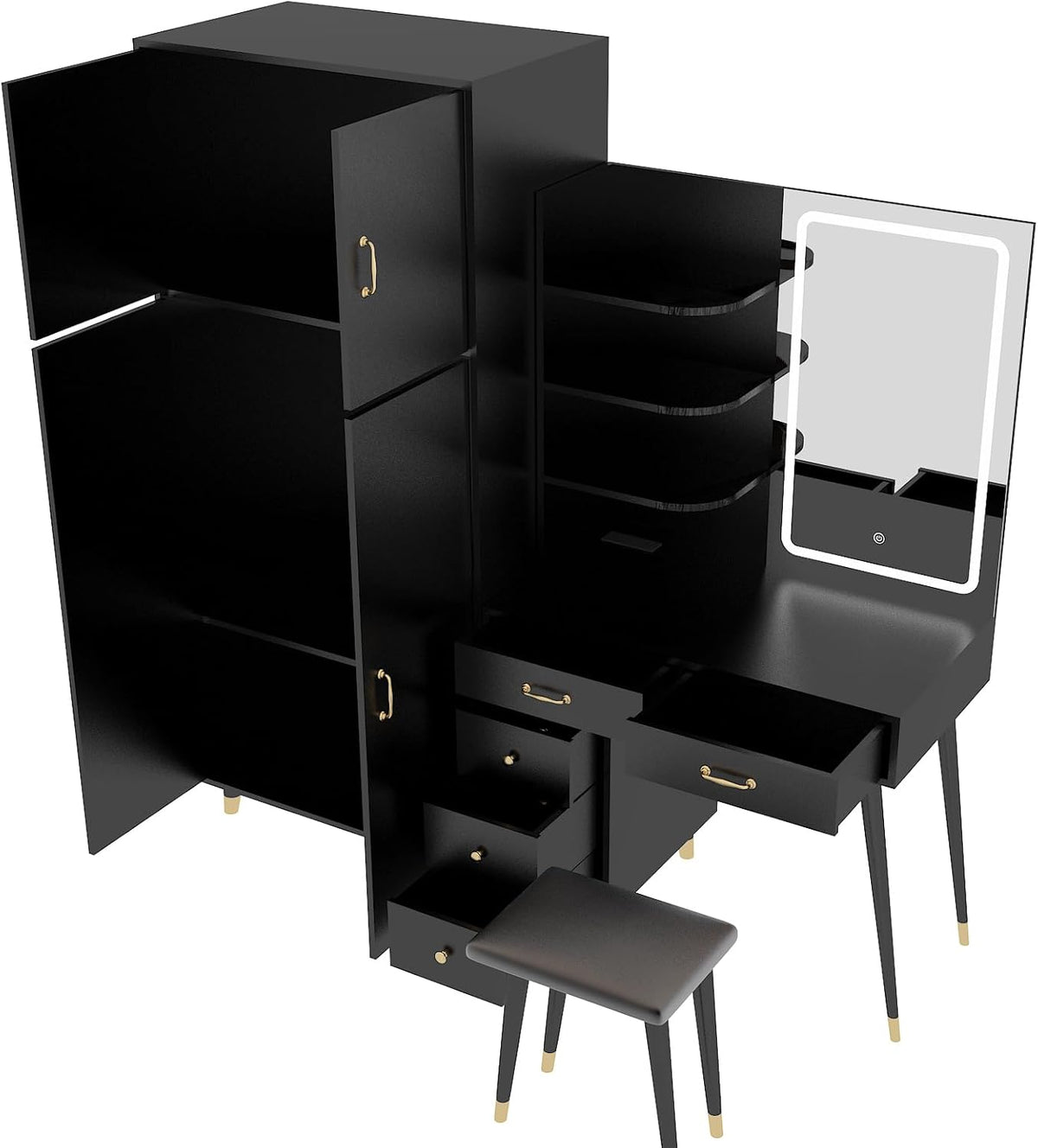 Black Makeup Vanity Table and Armoire Wardrobe Set with LED Mirror and 5 Drawers R2875