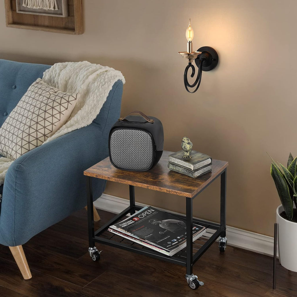 Rustic Brown and Black 2 Tier Printer Stand with Lockable Casters J2291