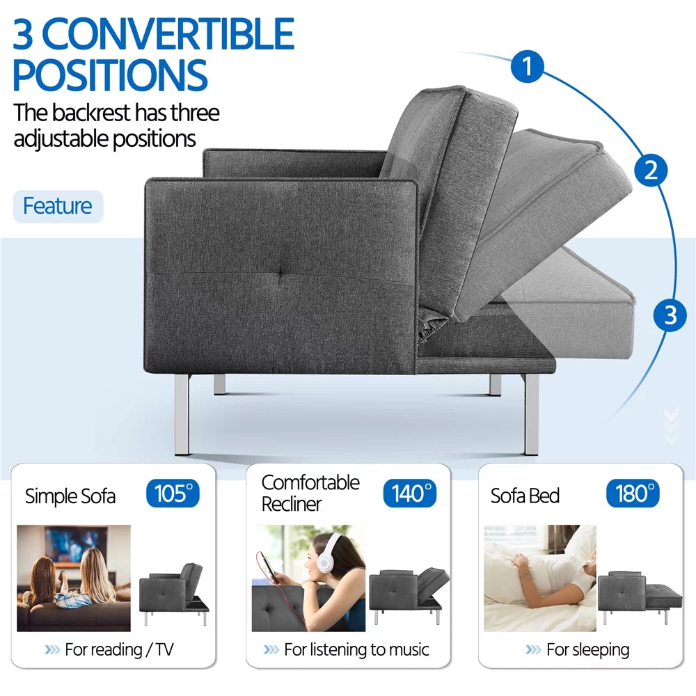 Black Fabric Covered Futon Sofa Bed with Adjustable Backrest E280