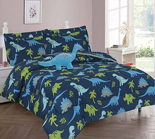 Full Size 8 Pieces Reversible Blue and Lime Green Dinosaur Microfiber Kids Comforter with Sheets P82284