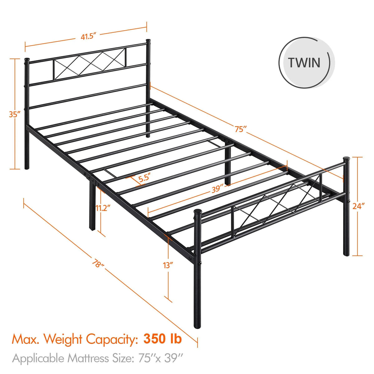 Black Twin Metal Platform Bed Frame with Headboard and Footboard T128
