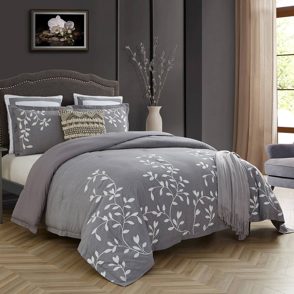 Queen Grey Chambray Cotton Comforter Set E524438