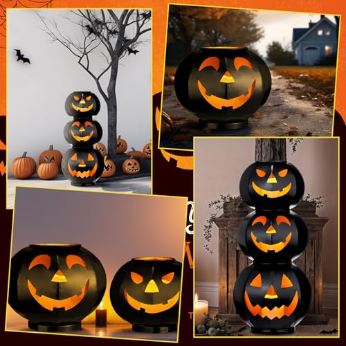 3 Tiers Black Metal Jack O Lanterns Light up Pumpkins with LED Candles P464450