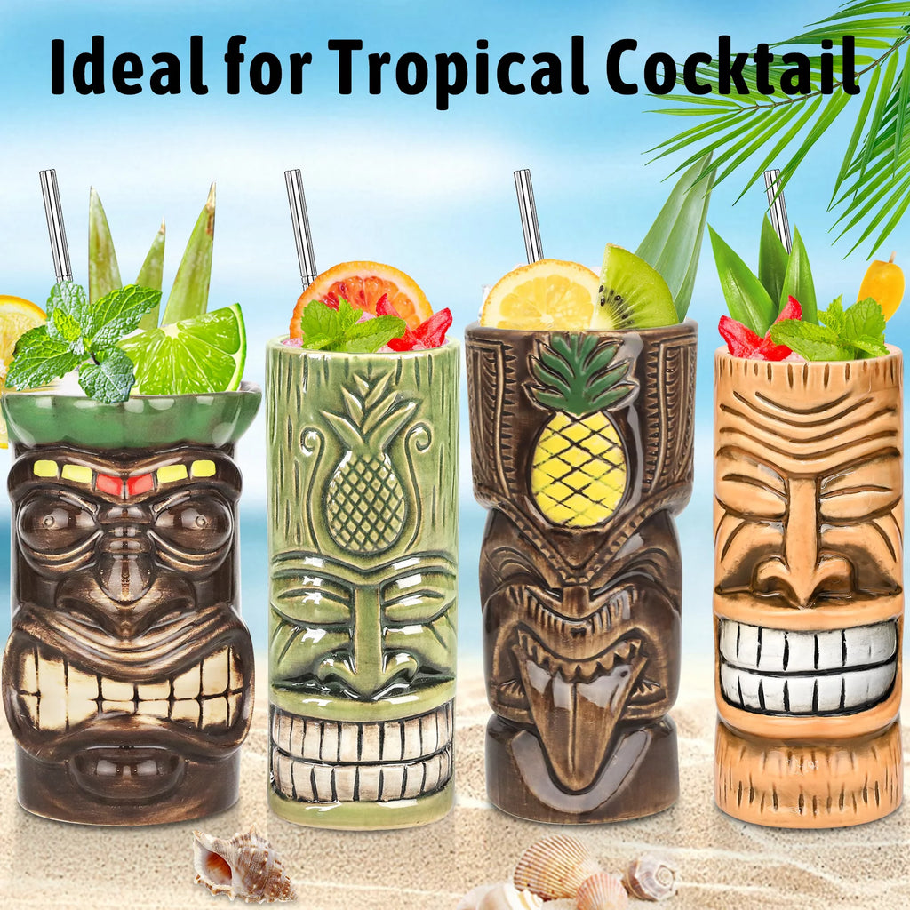 Set of 4 Ceramic Tiki Mugs T18037
