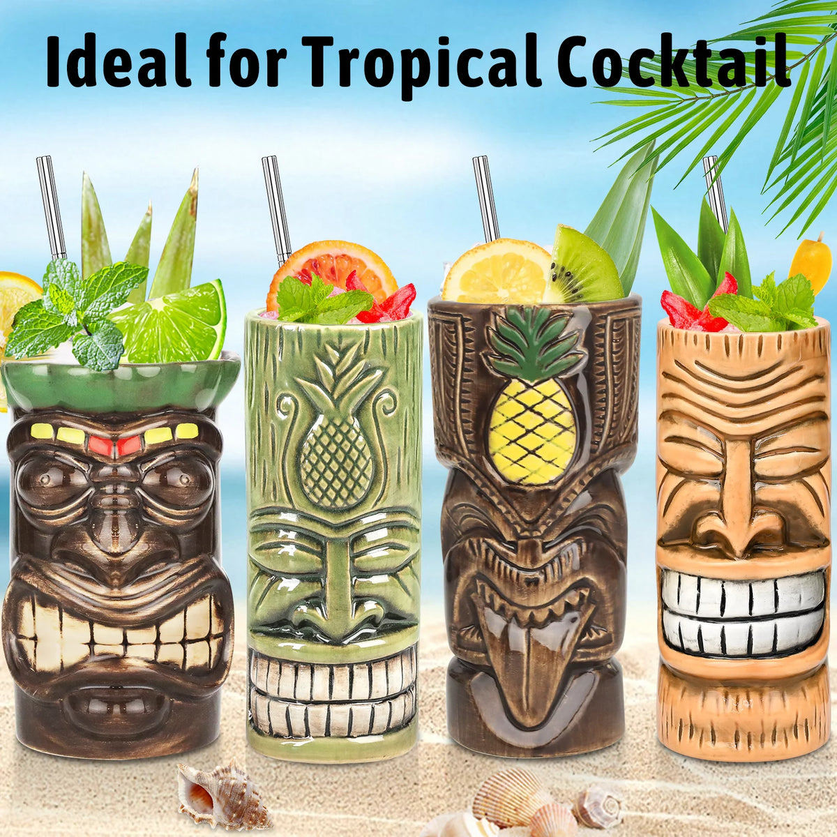 Set of 4 Ceramic Tiki Mugs T18037