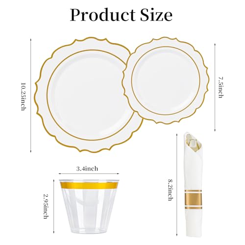 White Plastic Plates and Gold Dinnerware Set for 50 Guests L189