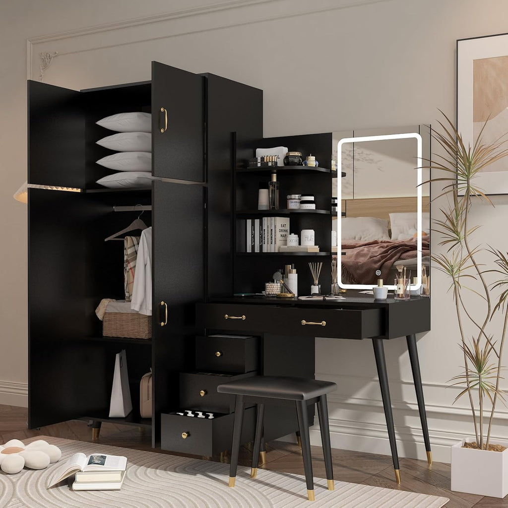 Black Makeup Vanity Table and Armoire Wardrobe Set with LED Mirror and 5 Drawers R2875