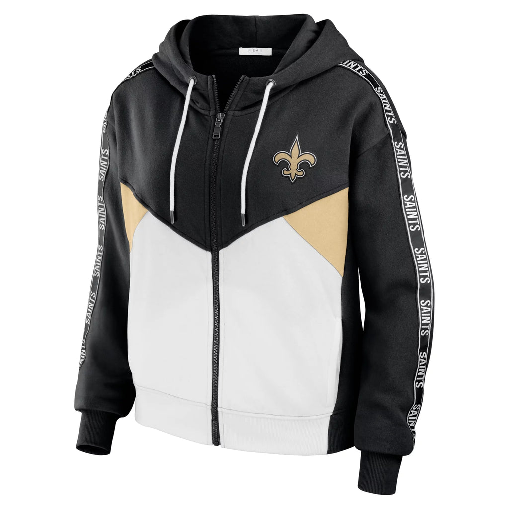 Black/White New Orleans Saints Crop Full-Zip Hoodie N608977