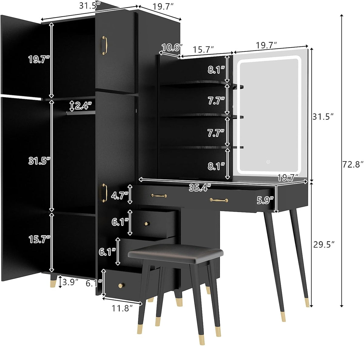 Black Makeup Vanity Table and Armoire Wardrobe Set with LED Mirror and 5 Drawers R2875