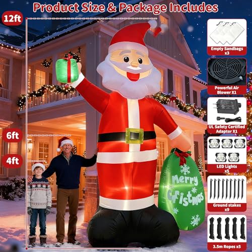 12FT Giant Christmas Inflatable Santa Claus with LED Lights and Gift Bag T6775