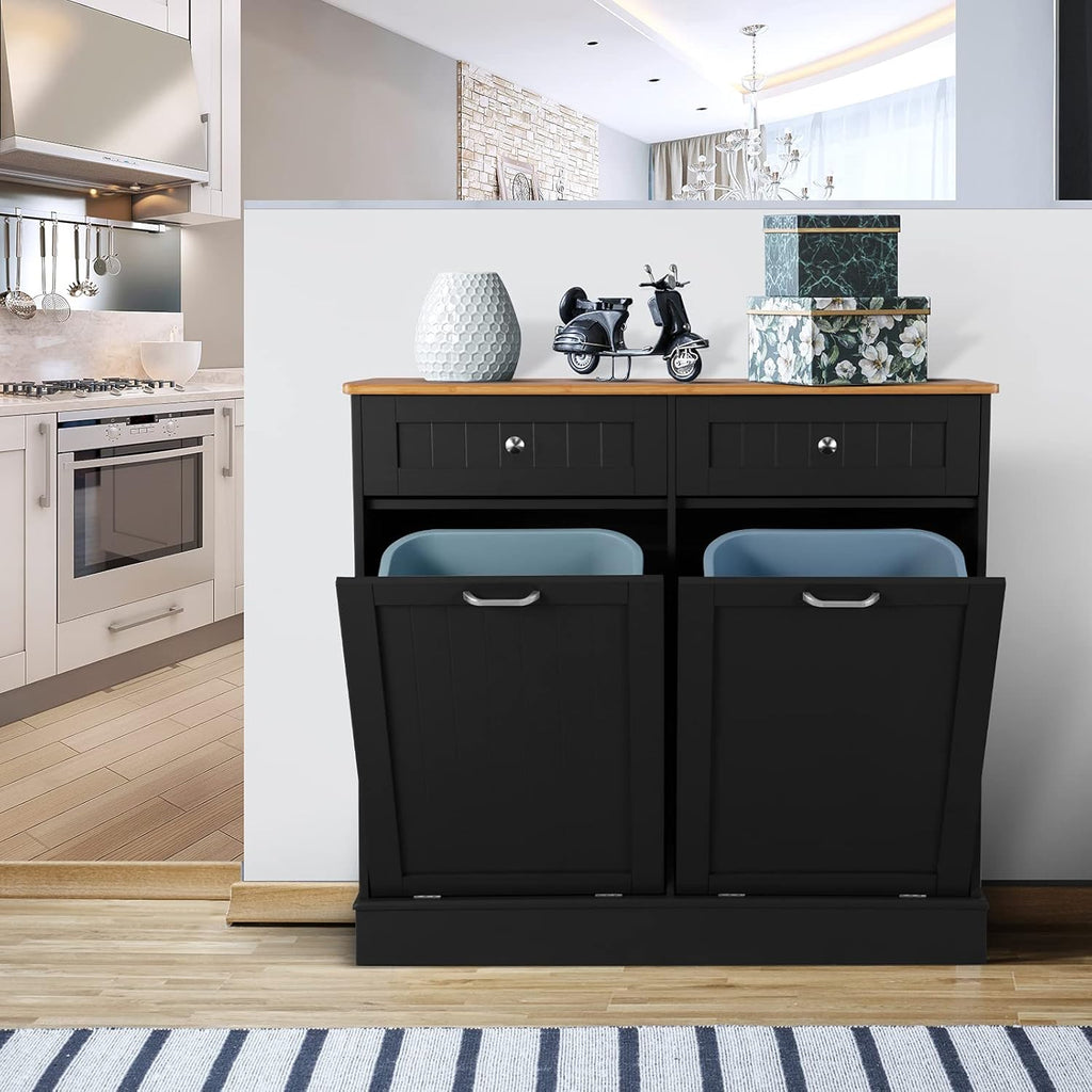 White Double Kitchen Trash Cabinet with Hideaway Drawers G486