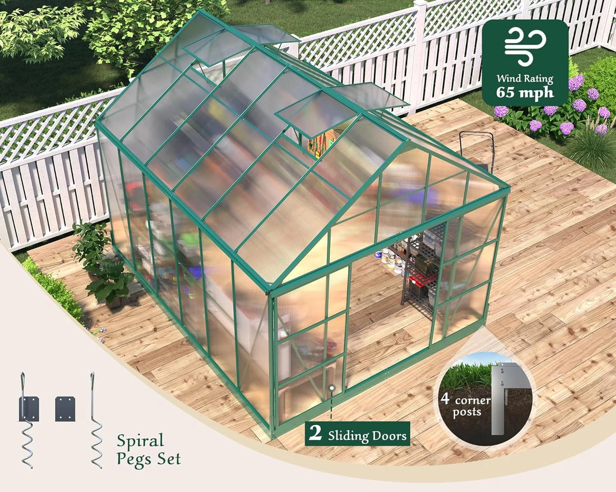 12x10x10 ft Polycarbonate Greenhouse with 2 Sliding Doors 4 Vents L821512