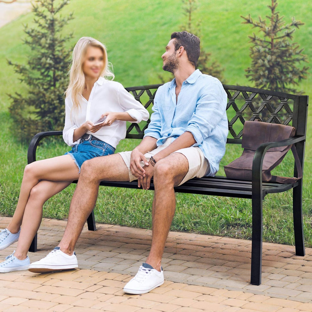 Black Cast Iron Steel Garden Bench with Armrests R967