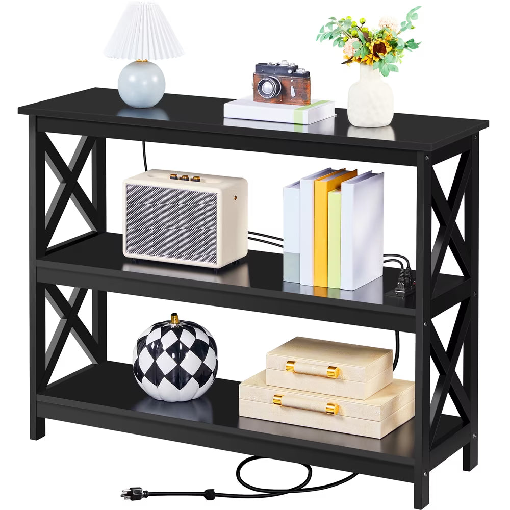 Black 3-Tier Wooden Console Table with Power Outlet F957
