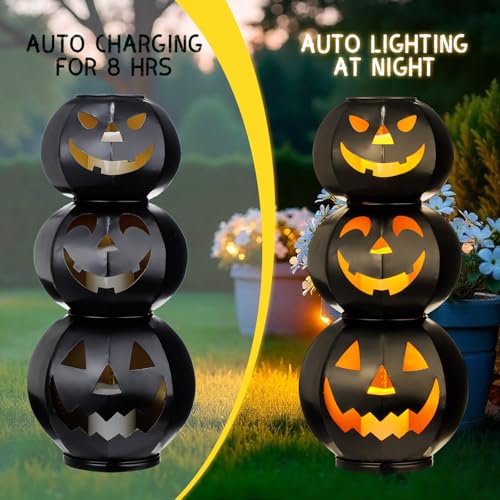 3 Tiers Black Metal Jack O Lanterns Light up Pumpkins with LED Candles P464450