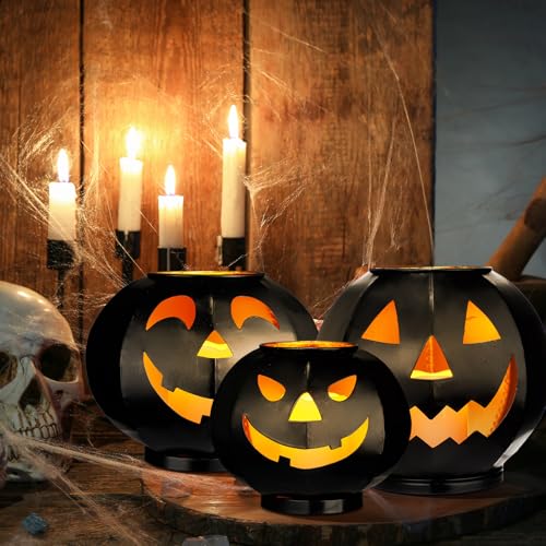 3 Tiers Black Metal Jack O Lanterns Light up Pumpkins with LED Candles P464450