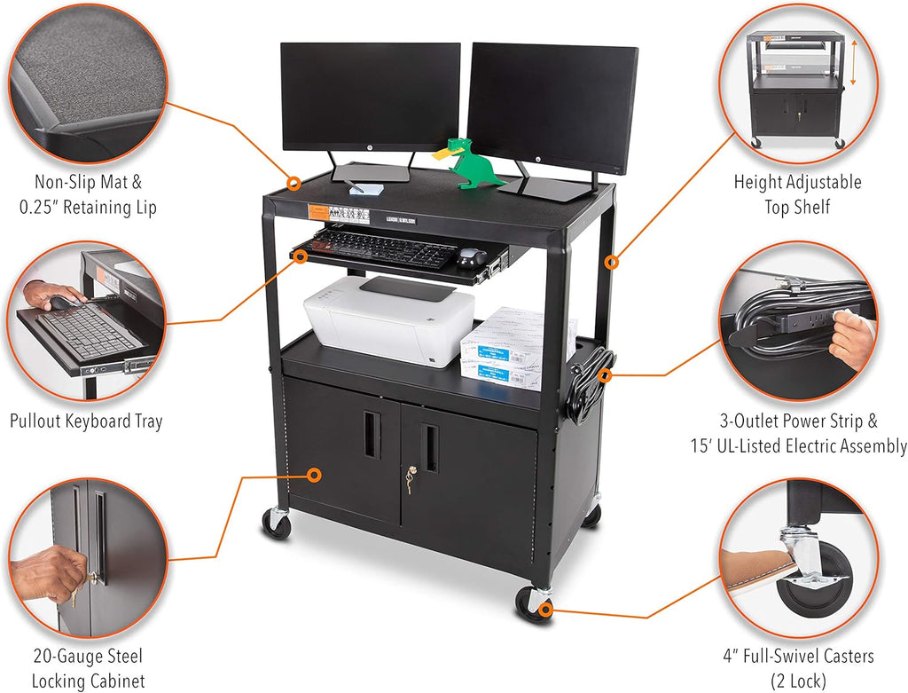 Black Extra Wide AV Cart with Locking Cabinet N286