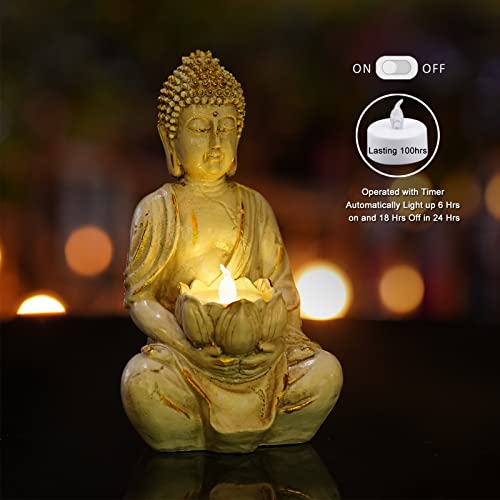White Gold 8" Buddha Statue with LED Tea Lights Candle Holder S935