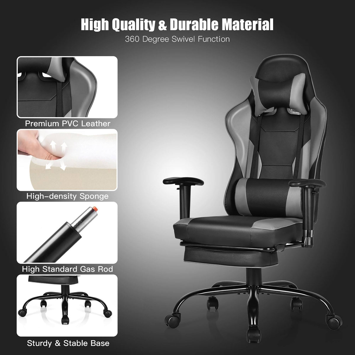 Black Gaming High Back Office Chair with Footrest H208669