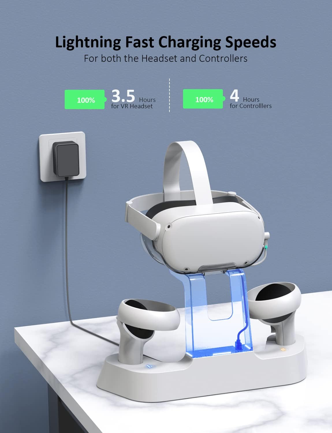 Enhanced Charging Dock with LED Light for Oculus Quest 2, Headset Display Holder and Controller Mount, 2 Rechargeable Batteries, USB-C Charger and Cable Pack of 2 P244879