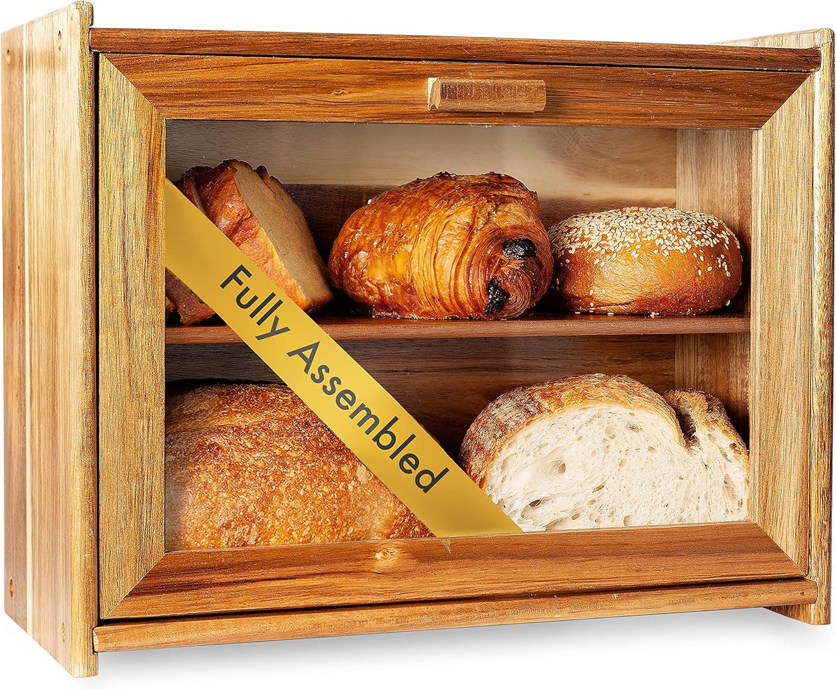 Large Wood Bread Box with Clear Front Window G378