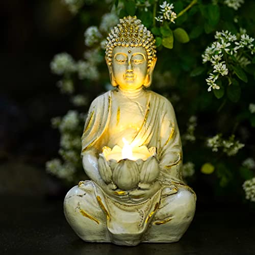 White Gold 8" Buddha Statue with LED Tea Lights Candle Holder S935