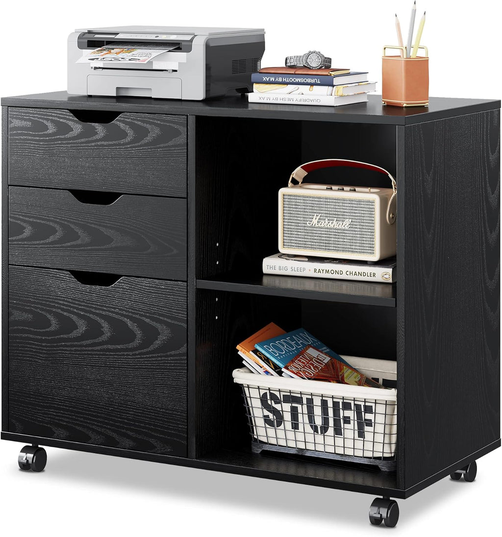 White 3-Drawer Mobile Wood File Cabinet with Open Storage Shelves V112
