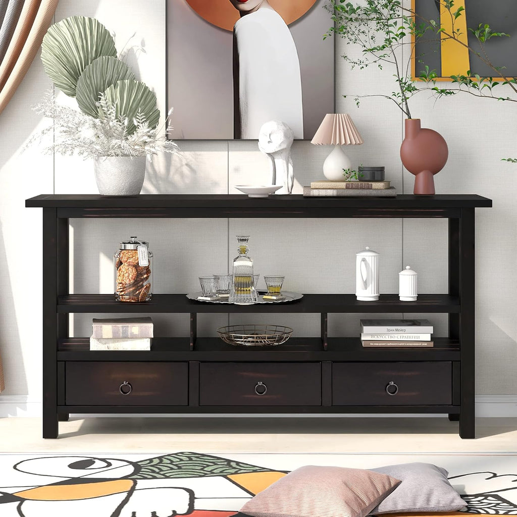 Solid Wood Console Table with 2 Storage Drawers and 1 Shelf, Black L705