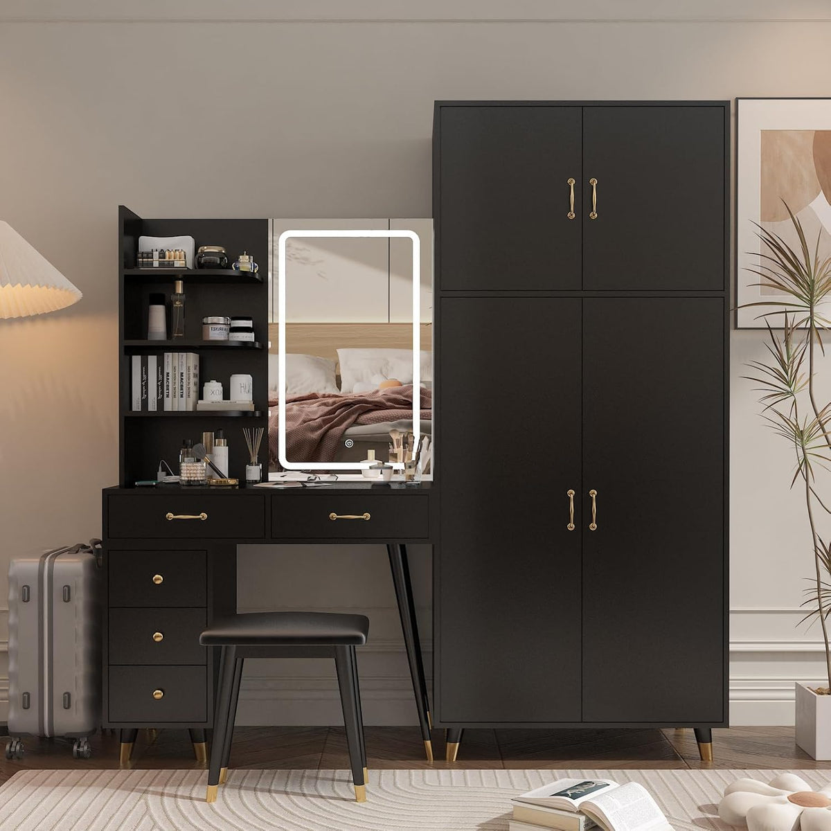 Black Makeup Vanity Table and Armoire Wardrobe Set with LED Mirror and 5 Drawers R2875